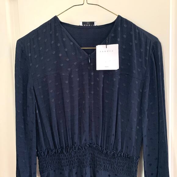 Sandro Claudia Shirred Polka Dot Mini Dress Marine (Please Read) - Picture 5 of 16